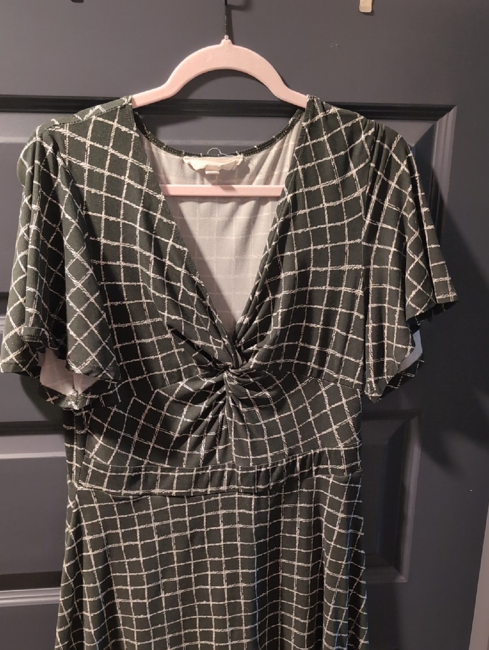 Olive Green Windowpane Twist-Front Dress
